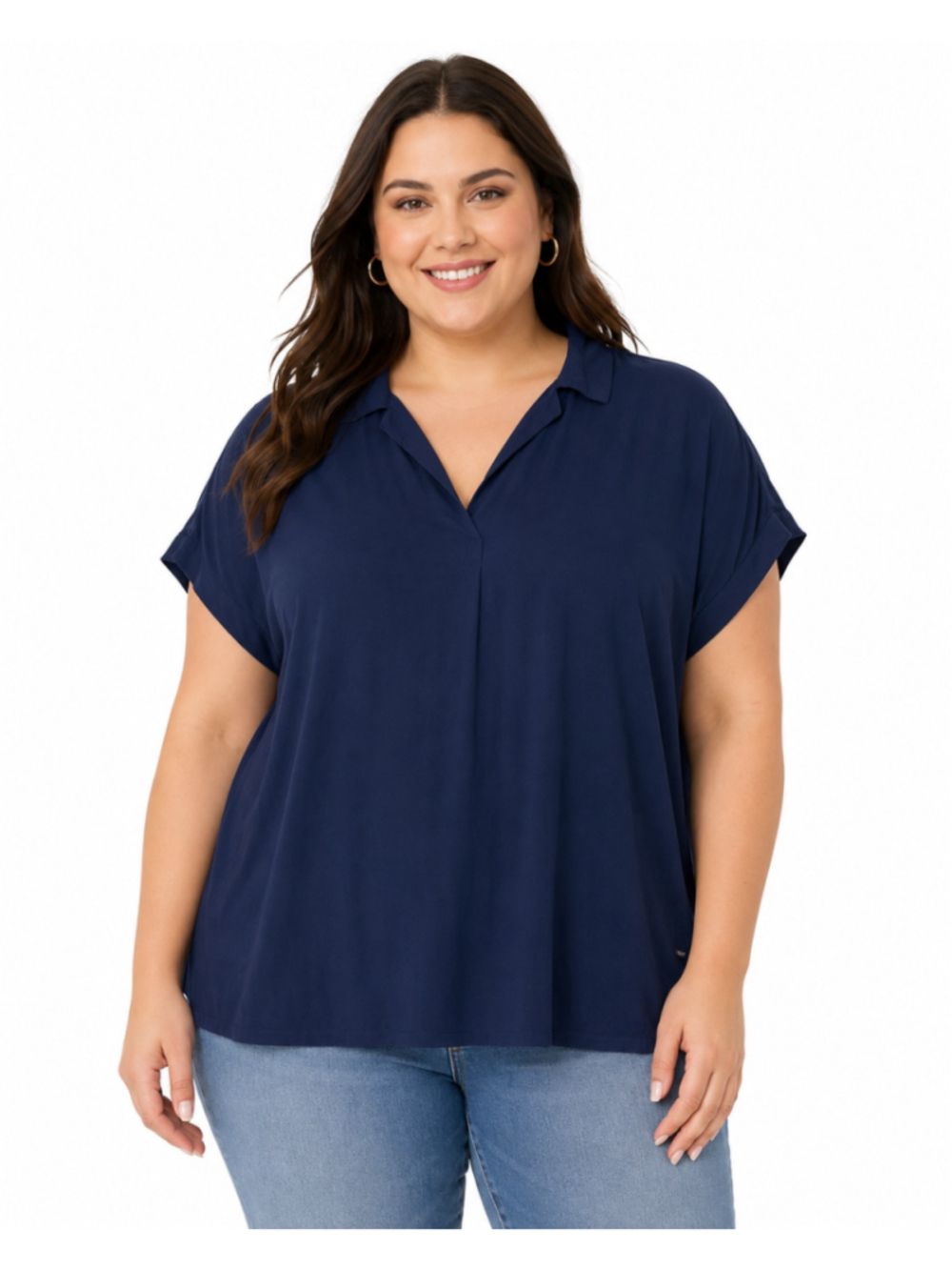 GAP Women's Navy Blue V-Neck Roll Sleeve Blouse
